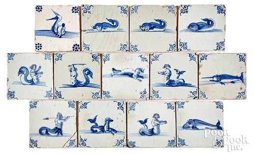 THIRTEEN DELFT BLUE AND WHITE SEA