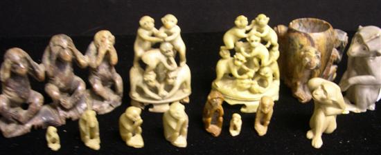 Thirteen monkey figurines: eleven