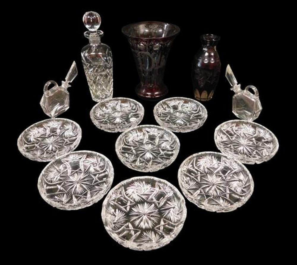 THIRTEEN PIECES OF CUT GLASS,