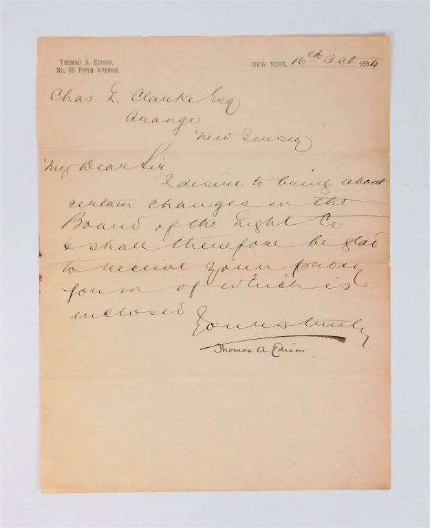 THOMAS EDISON SIGNED ELECTRIC LIGHT