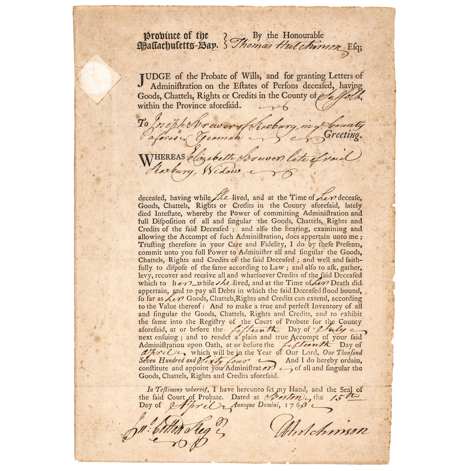 THOMAS HUTCHINSON SIGNED 1763