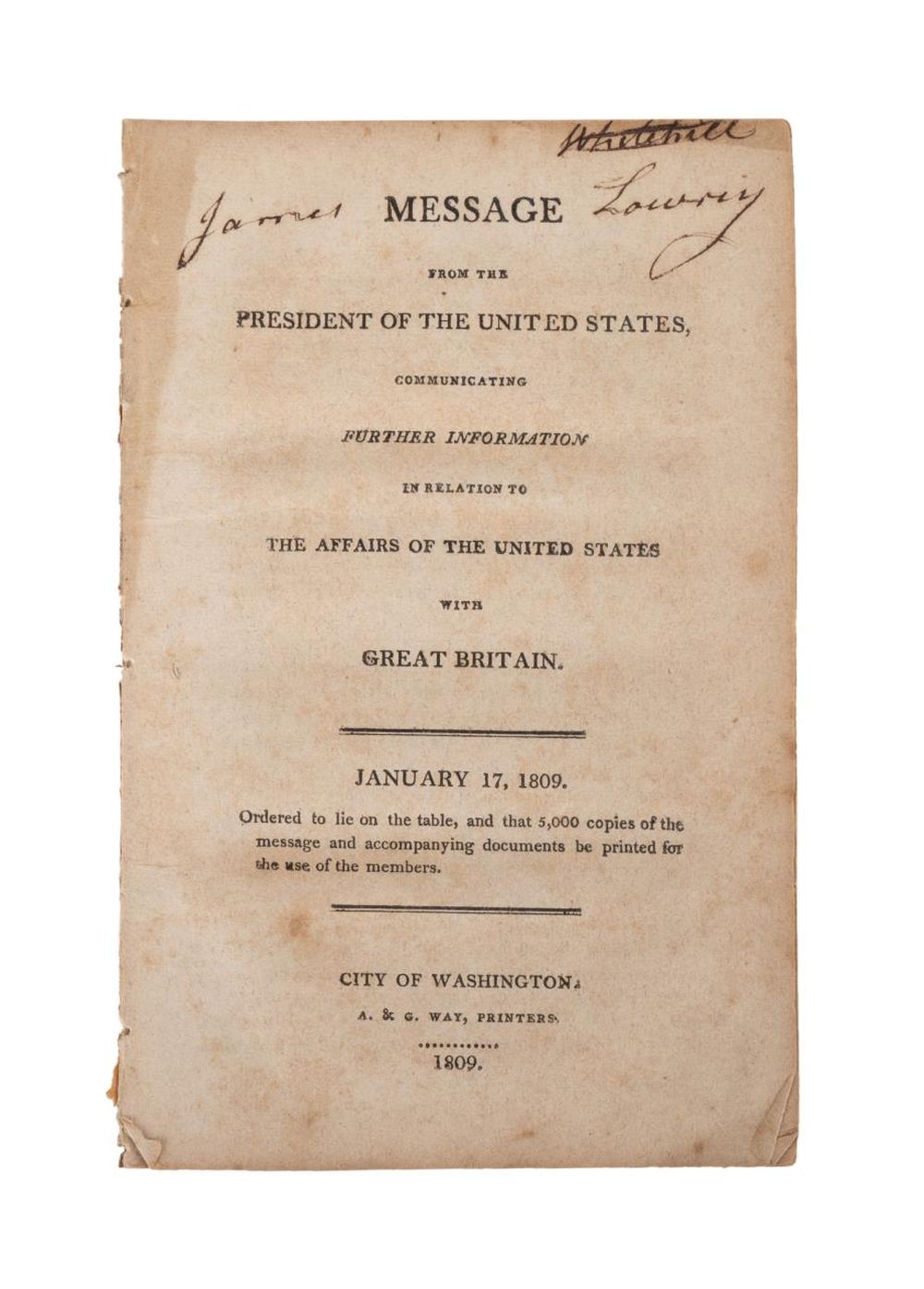 THOMAS JEFFERSON, MESSAGE FROM