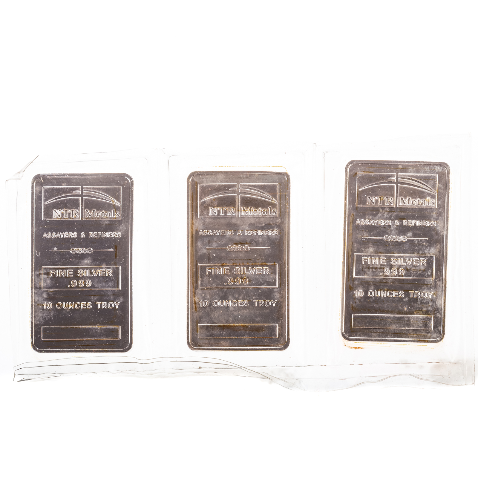 THREE 10 OUNCE SILVER BARS .999 NTR