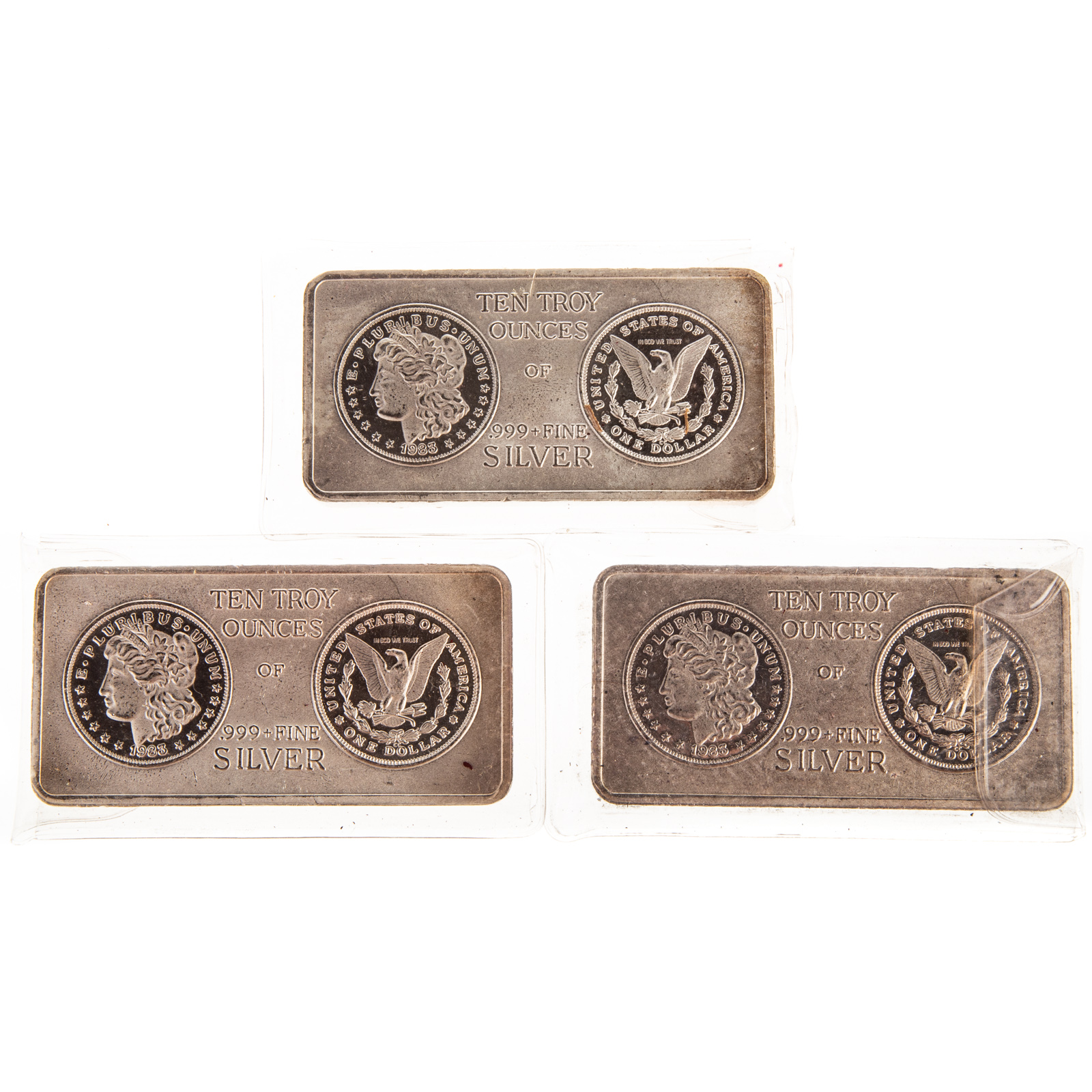 THREE 10 TROY OZ SILVER BARS, 30