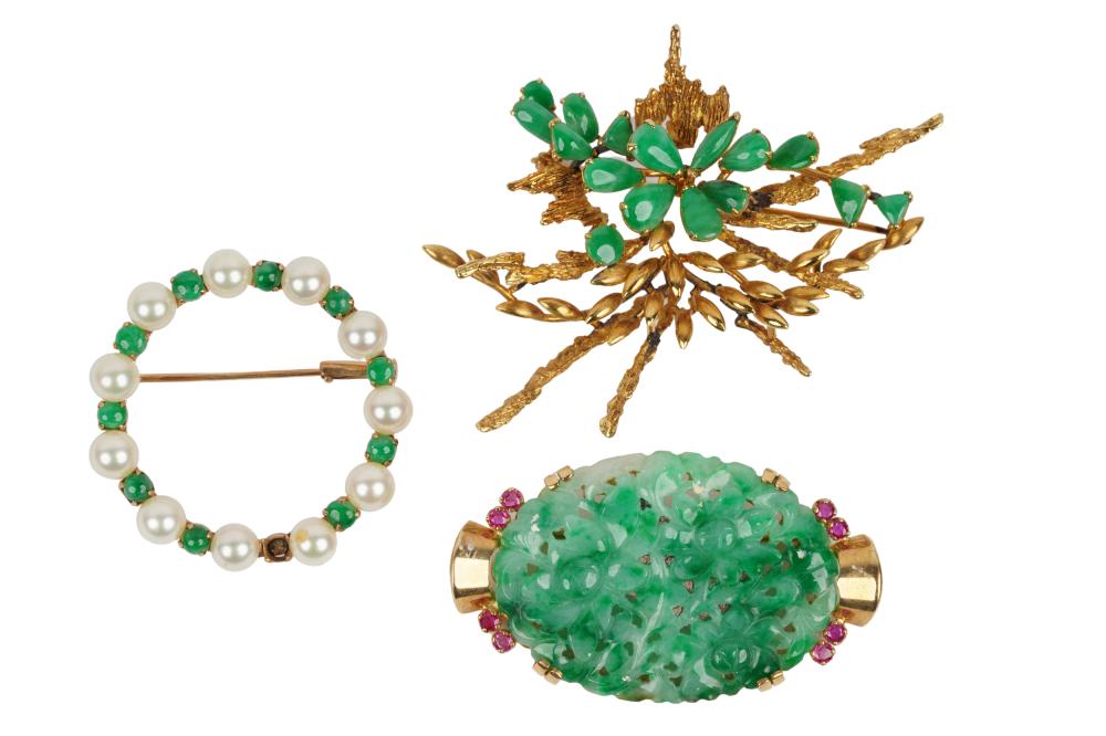 THREE 14 KARAT YELLOW GOLD, JADE, &