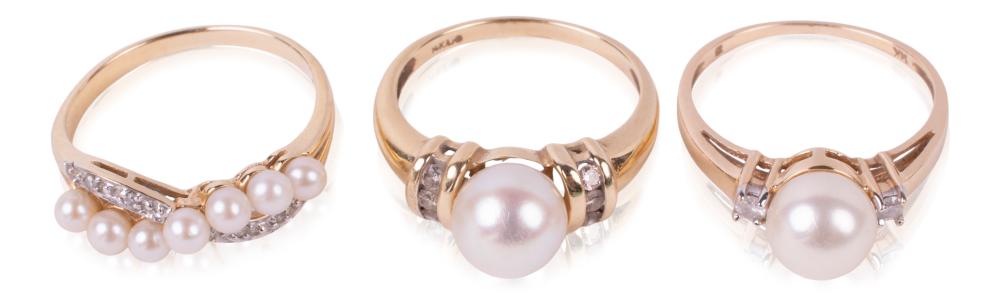 THREE 14K YELLOW GOLD PEARL AND