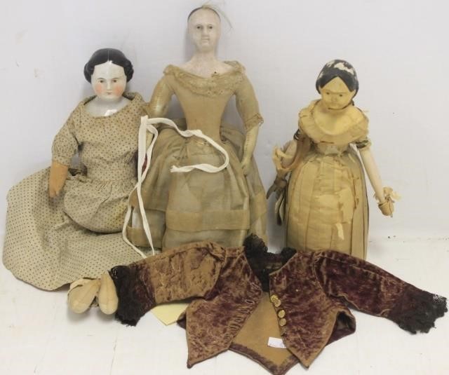 THREE 19TH C DOLLS.  ONE IS 15"