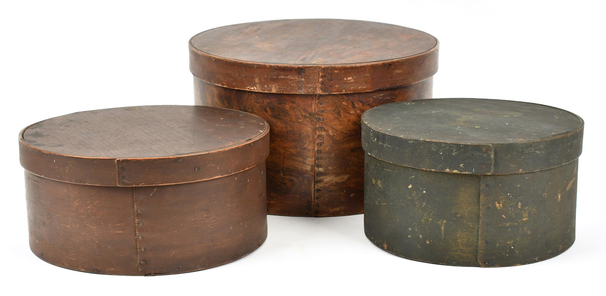 THREE 19TH C. PAINTED PANTRY BOXES.