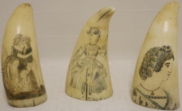 THREE 19TH C SCRIMSHAW WHALE TEETH,
