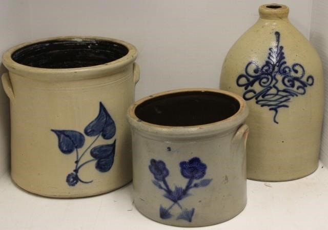 THREE 19TH C STONEWARE PIECES, BLUE