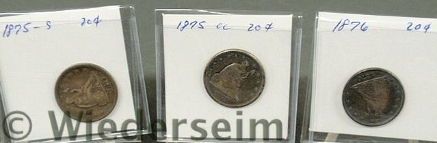 Three 20? pieces: 1875-S 1875-CC