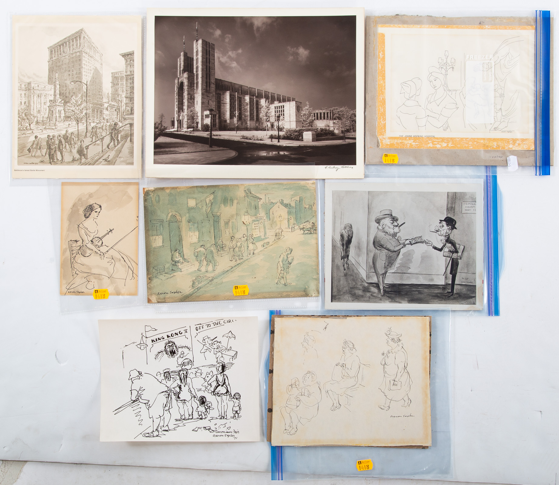 THREE AARON SOPHER DRAWINGS WITH A.