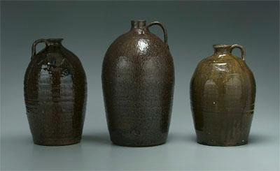 Three alkaline glaze jugs: ovoid