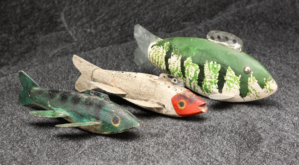 THREE AMERICAN ICE FISHING LURES.