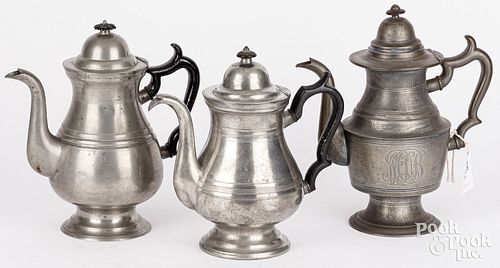 THREE AMERICAN PEWTER COFFEEPOTS,