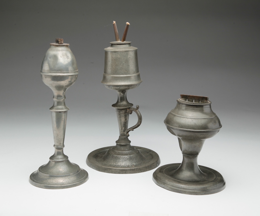 THREE AMERICAN PEWTER LAMPS.