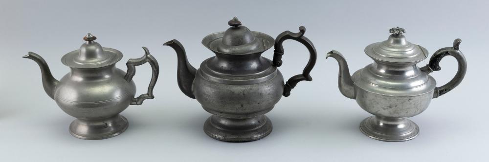 THREE AMERICAN PEWTER TEAPOTS