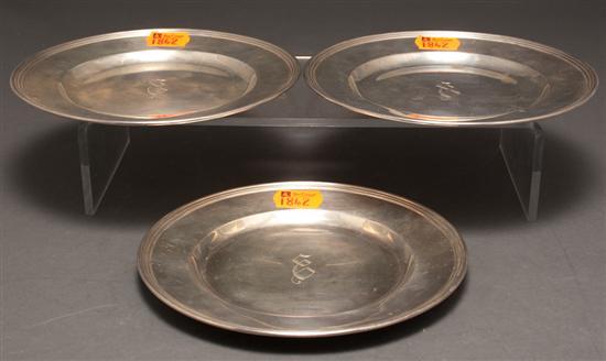 Three American silver bread plates,