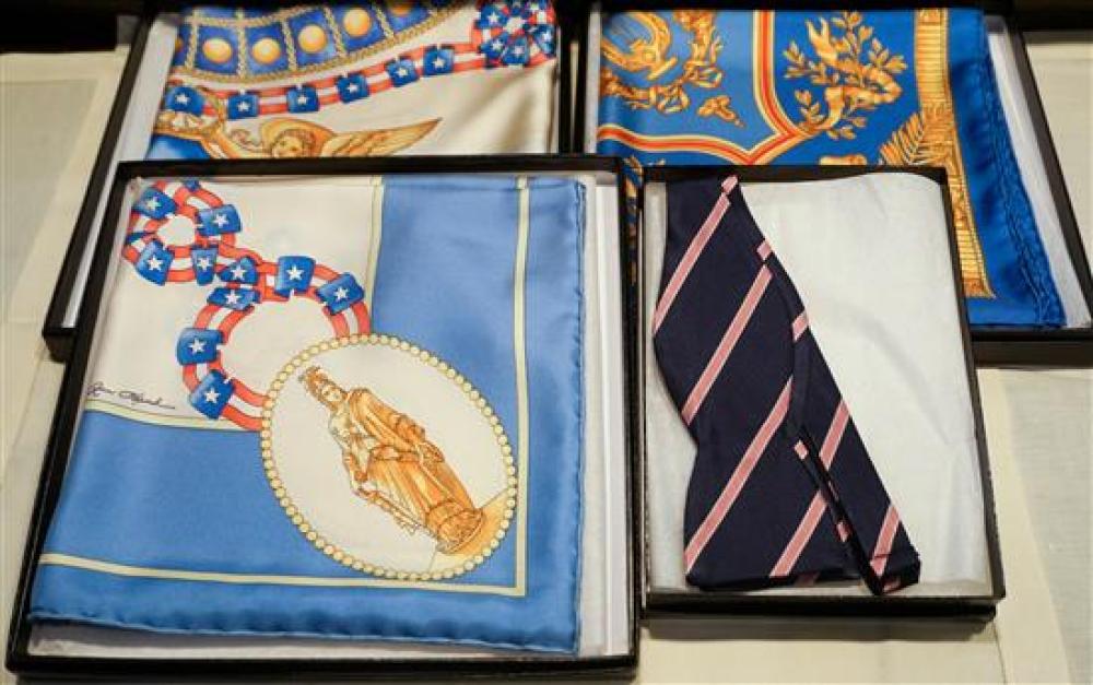 THREE ANNE HAND SILK SCARVES AND