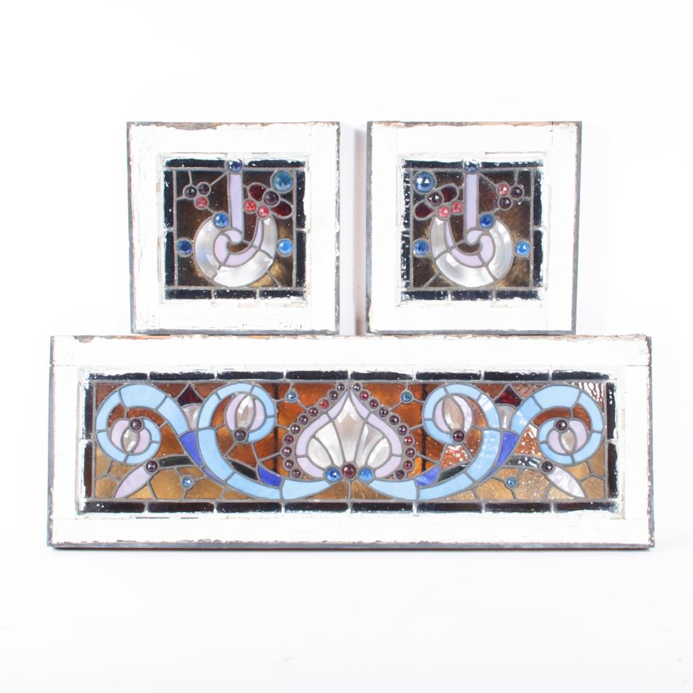 THREE ANTIQUE ART NOUVEAU LEADED