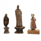 THREE ANTIQUE CARVED AND POLYC