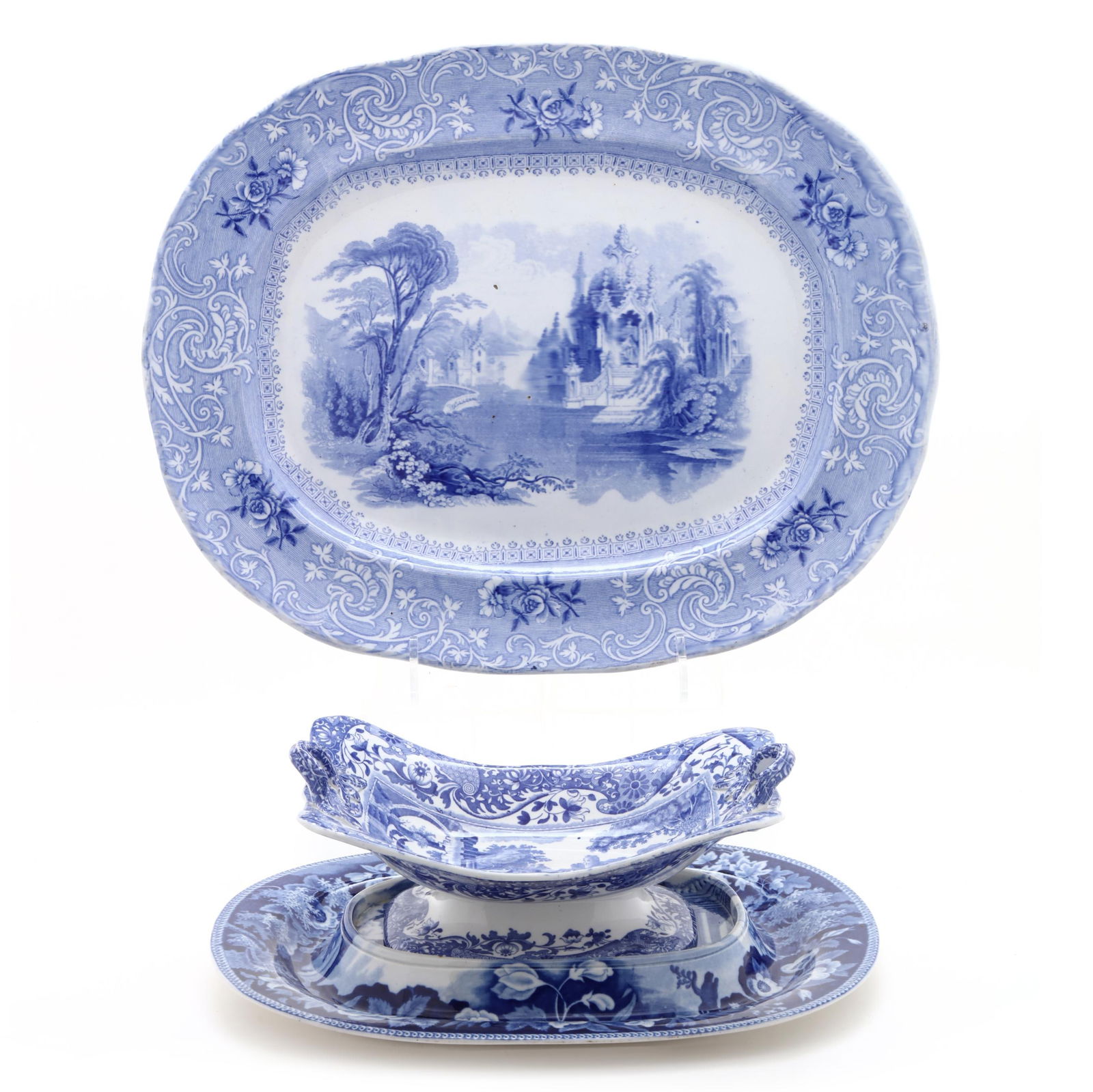 THREE ANTIQUE ENGLISH BLUE AND