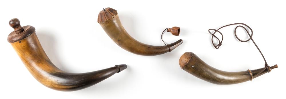 THREE ANTIQUE POWDER HORNS 19TH