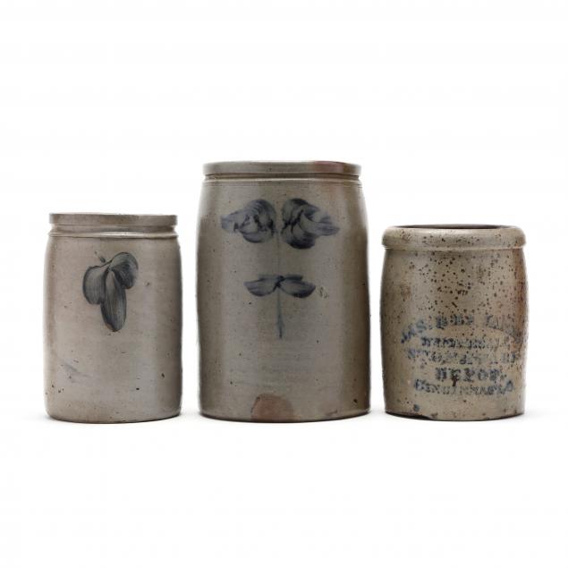 THREE ANTIQUE STONEWARE CROCKS