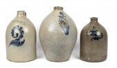 THREE ANTIQUE STONEWARE JUGS.