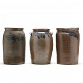 THREE ANTIQUE STONEWARE POTS W