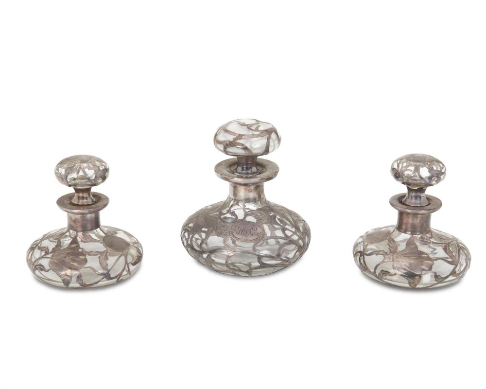 THREE ART GLASS AND STERLING SILVER