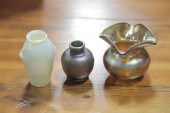 THREE ART GLASS CABINET VASES.