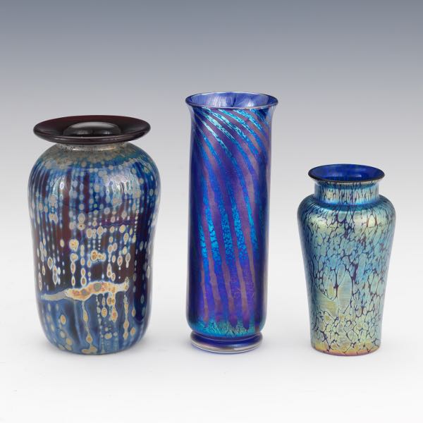 THREE ART GLASS CABINET VASES  