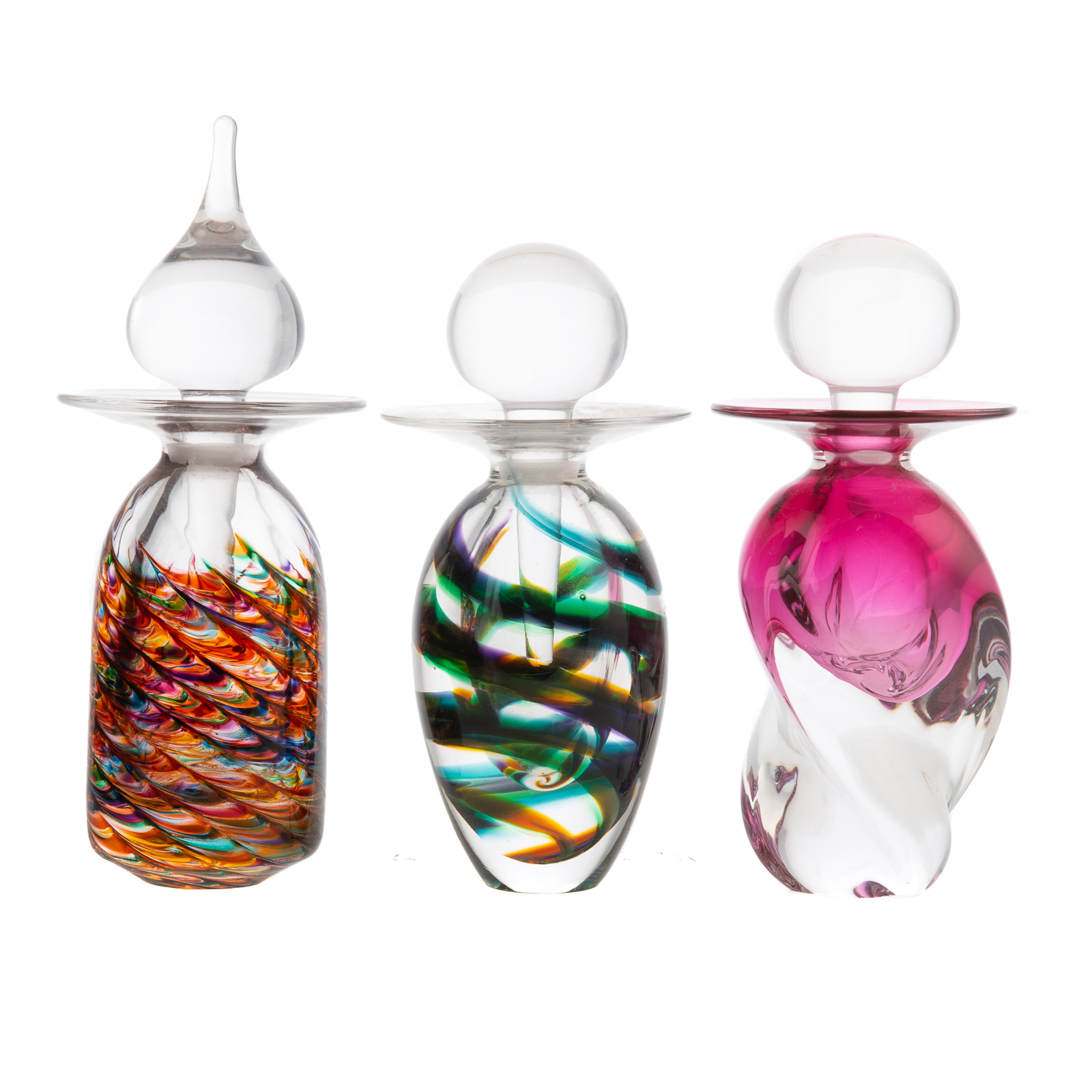 THREE ART GLASS SCENT BOTTLES, BY