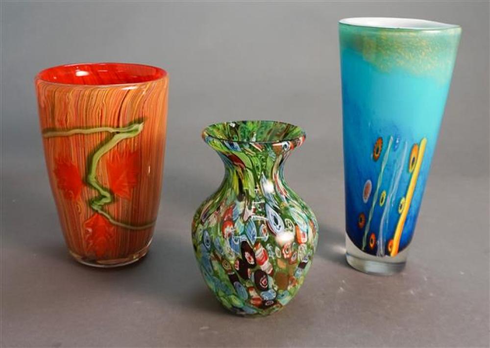 THREE ART GLASS VASES, HEIGHT OF