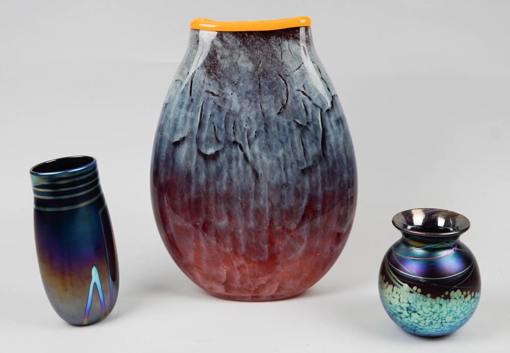 THREE ART GLASS VASES INCLUDING