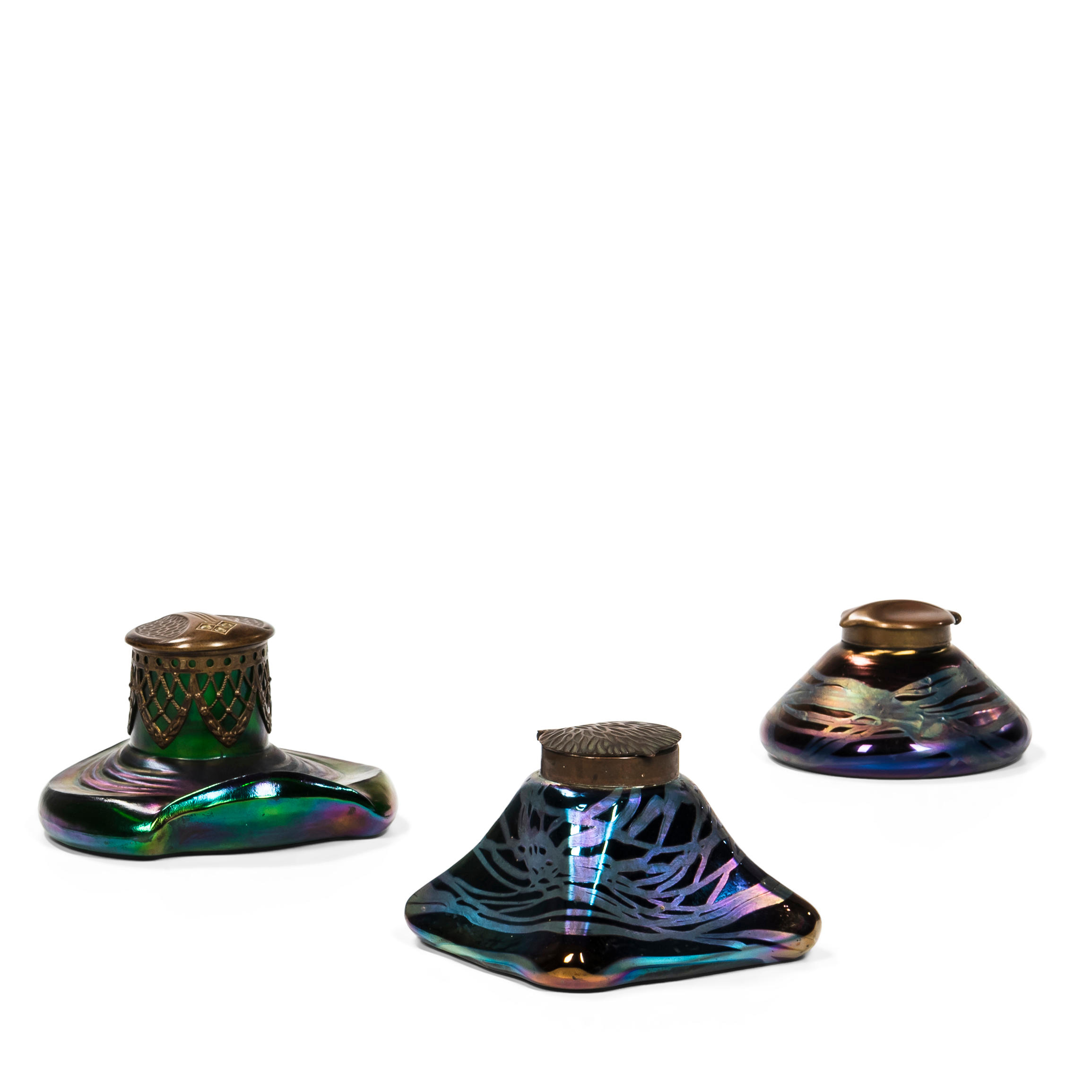 THREE ART NOUVEAU GLASS INKWELLS