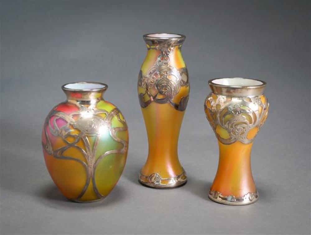 THREE ART NOUVEAU SILVER OVERLAY