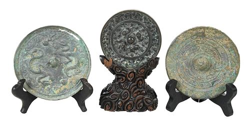 THREE ASIAN BRONZE HAND MIRRORS