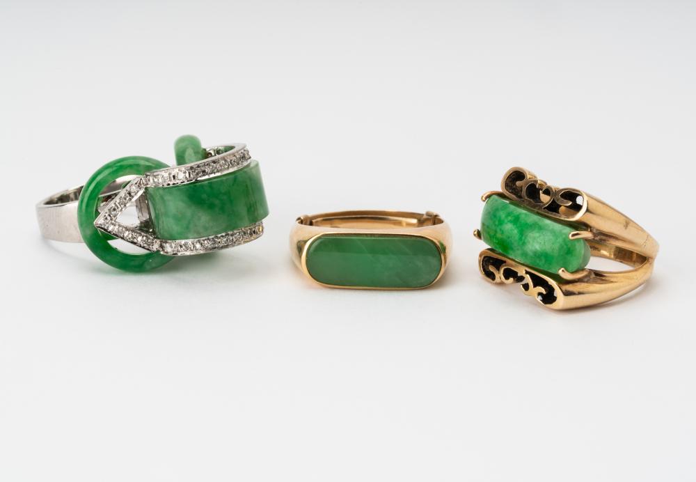 THREE ASSORTED 14 KARAT GOLD & JADE