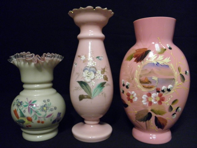 Three assorted enameled art glass