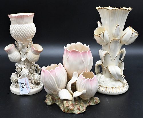 THREE BELLEEK TULIP VASES, TO
