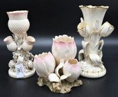THREE BELLEEK TULIP VASES, TO