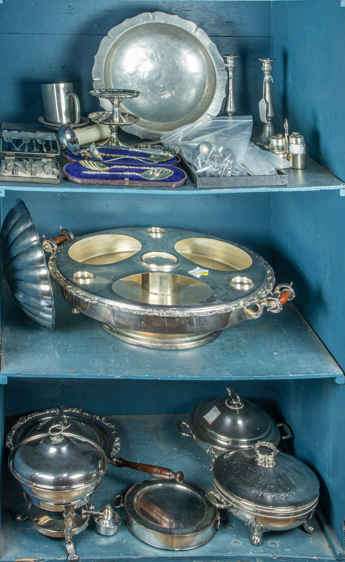 THREE BINS OF MOSTLY SILVER PLATE