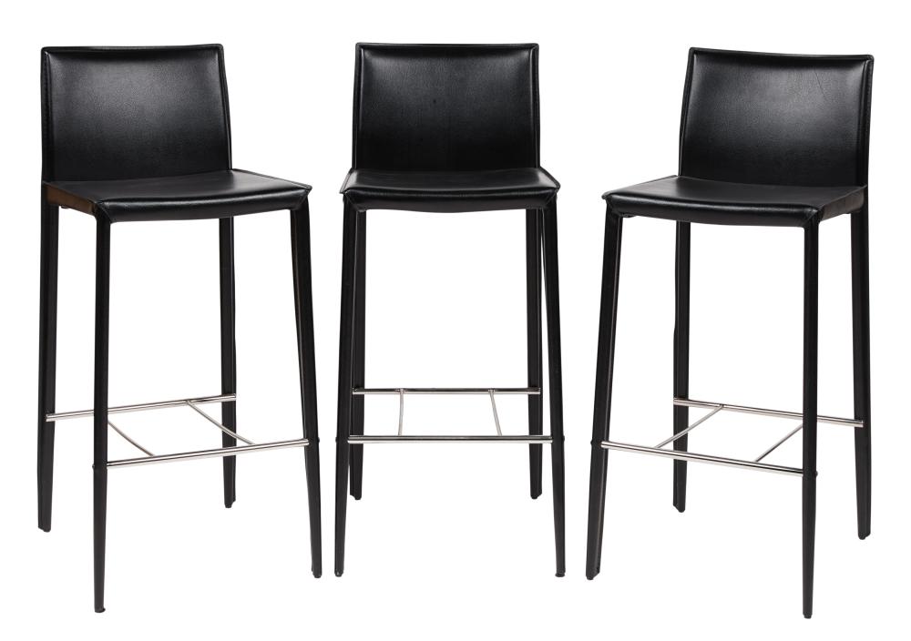 THREE BLACK LEATHER BAR STOOLSThree
