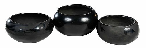 THREE BLACKWARE POTS, ONE SIGNED
