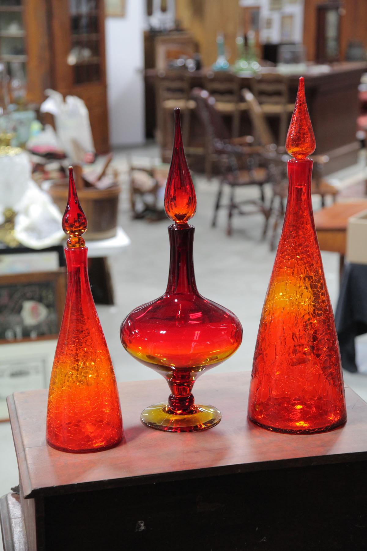THREE BLENKO GLASS DECANTERS.  West