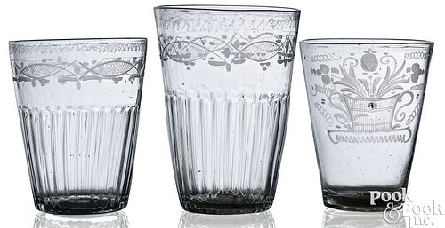 THREE BLOWN CLEAR FLIP GLASSES,