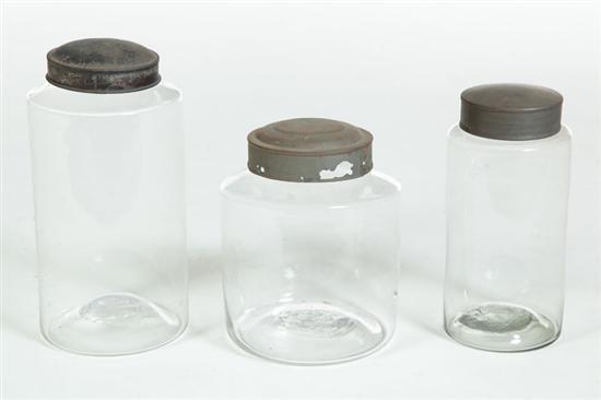THREE BLOWN GLASS CANISTERS. 