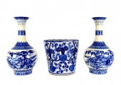 THREE BLUE AND WHITE DECORATED